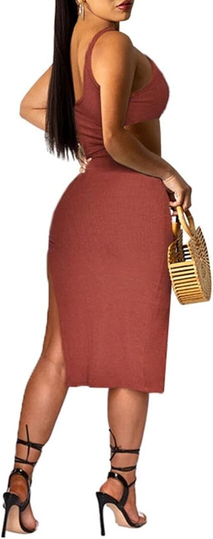 Women Bodycon Summer Cut Out High Slit Sleeveless Party Club Tank Dress Red XL