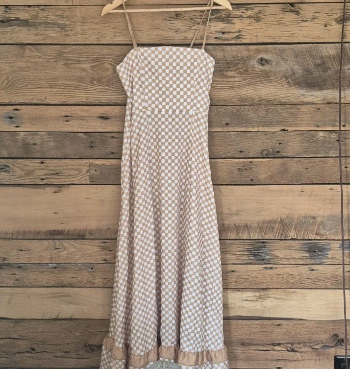 Brown White Checkered Sleeveless Fit & Flare Dress Women’s Retro Mod A‑Line Sz M