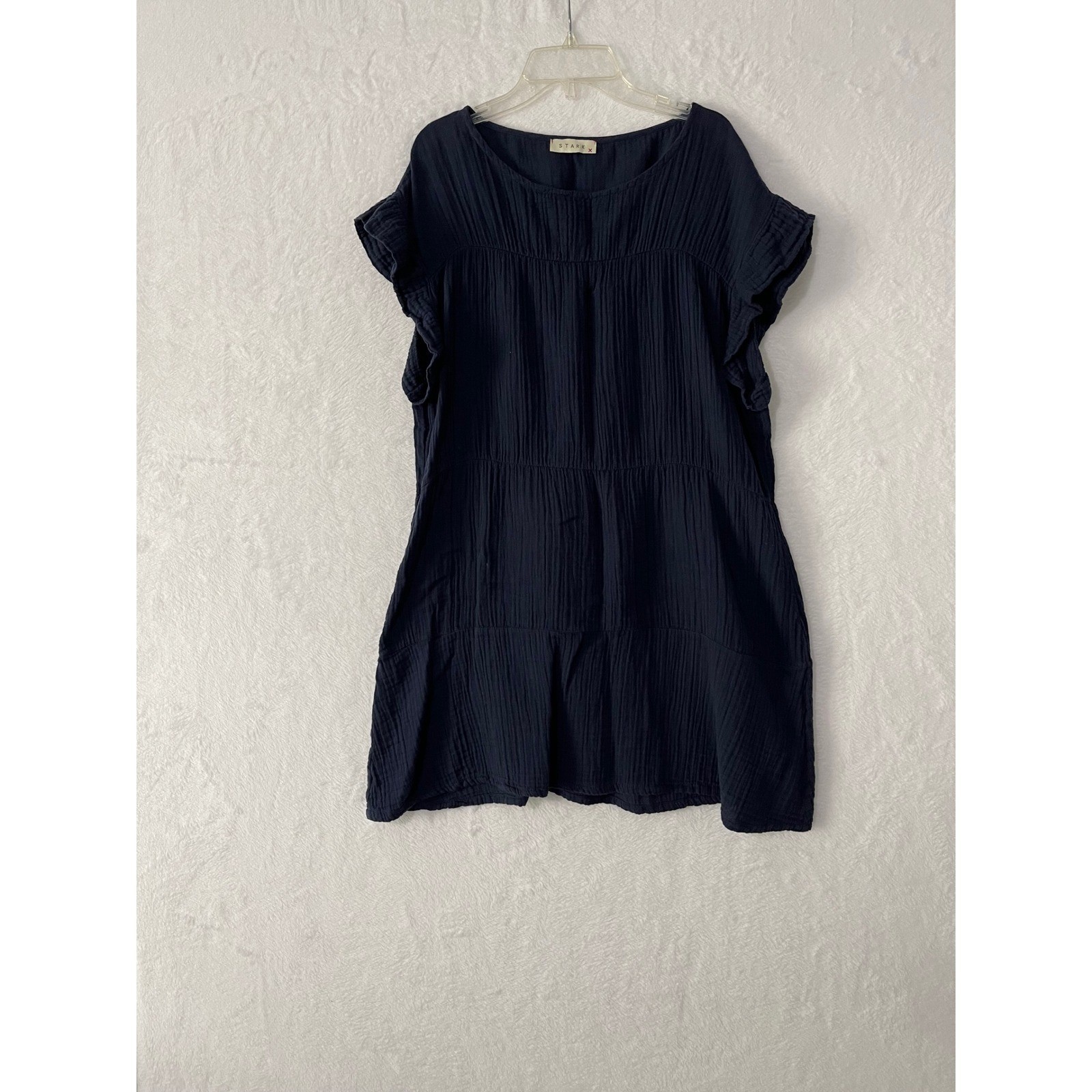 Stark X Navy Blue Cotton Double Gauze Tiered Flutter Sleeve Mini Dress Small
