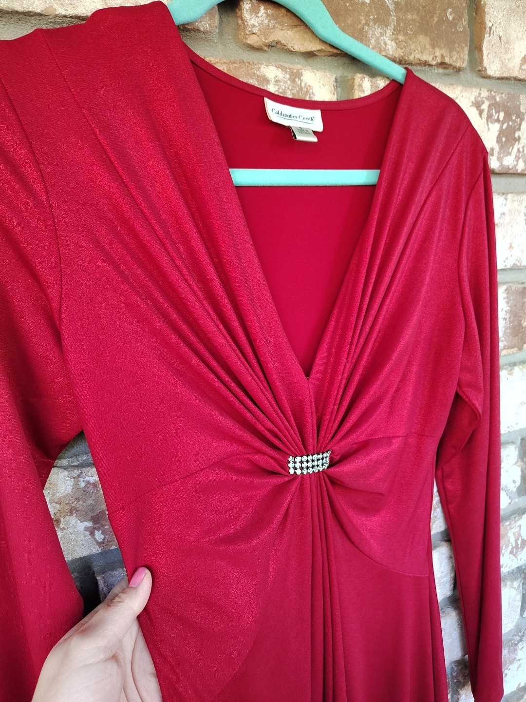 Coldwater Creek Red Shimmer Stretch Knit Ruched Front V-neck Midi Dress 6 Glam