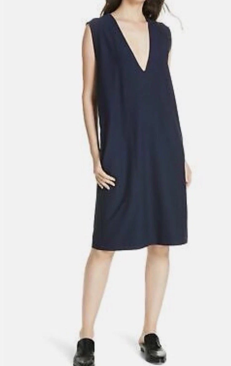 Eileen Fisher $238 Deep V-Neck Knee Length Dress Size SMALL midnight NWT