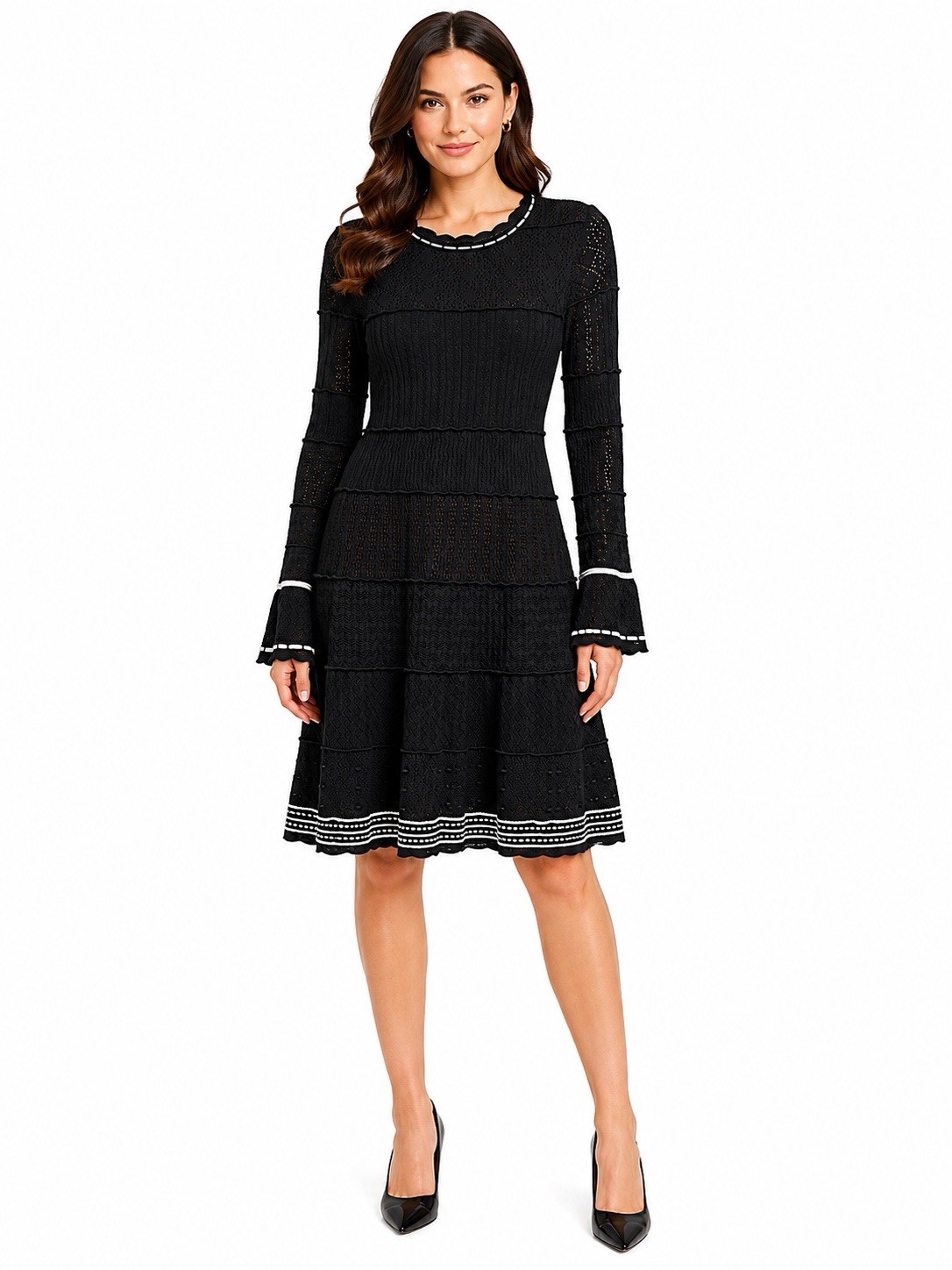 Shoshanna Black Pointelle Knit Sweater Dress Size M Contrast Trim Fit & Flare Mi
