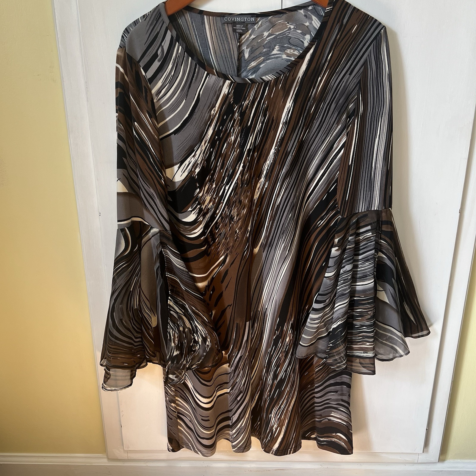 Covington Women’s Flowy Chiffon Shift Dress L Bell Sleeve Abstract Swirl Print