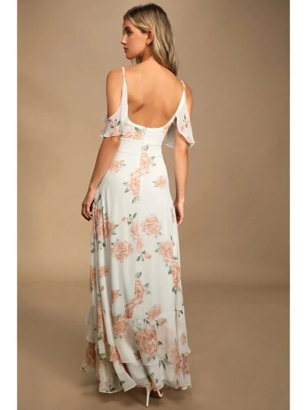 Lulus Take You There Ivory Floral Maxi Dress Cold Shoulder Ruffle Wedding Guest