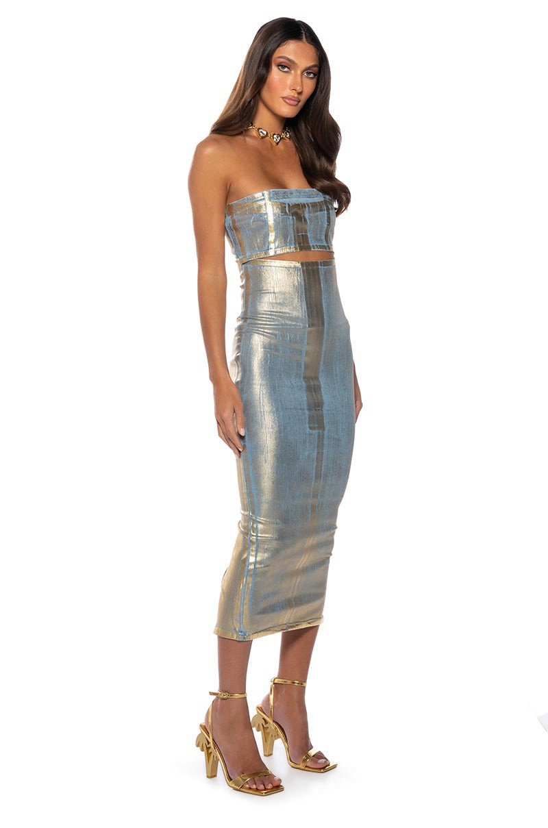 AKIRA Label Im Gold Denim Coated Midi Dress Back Zip Women’s Size L Multi