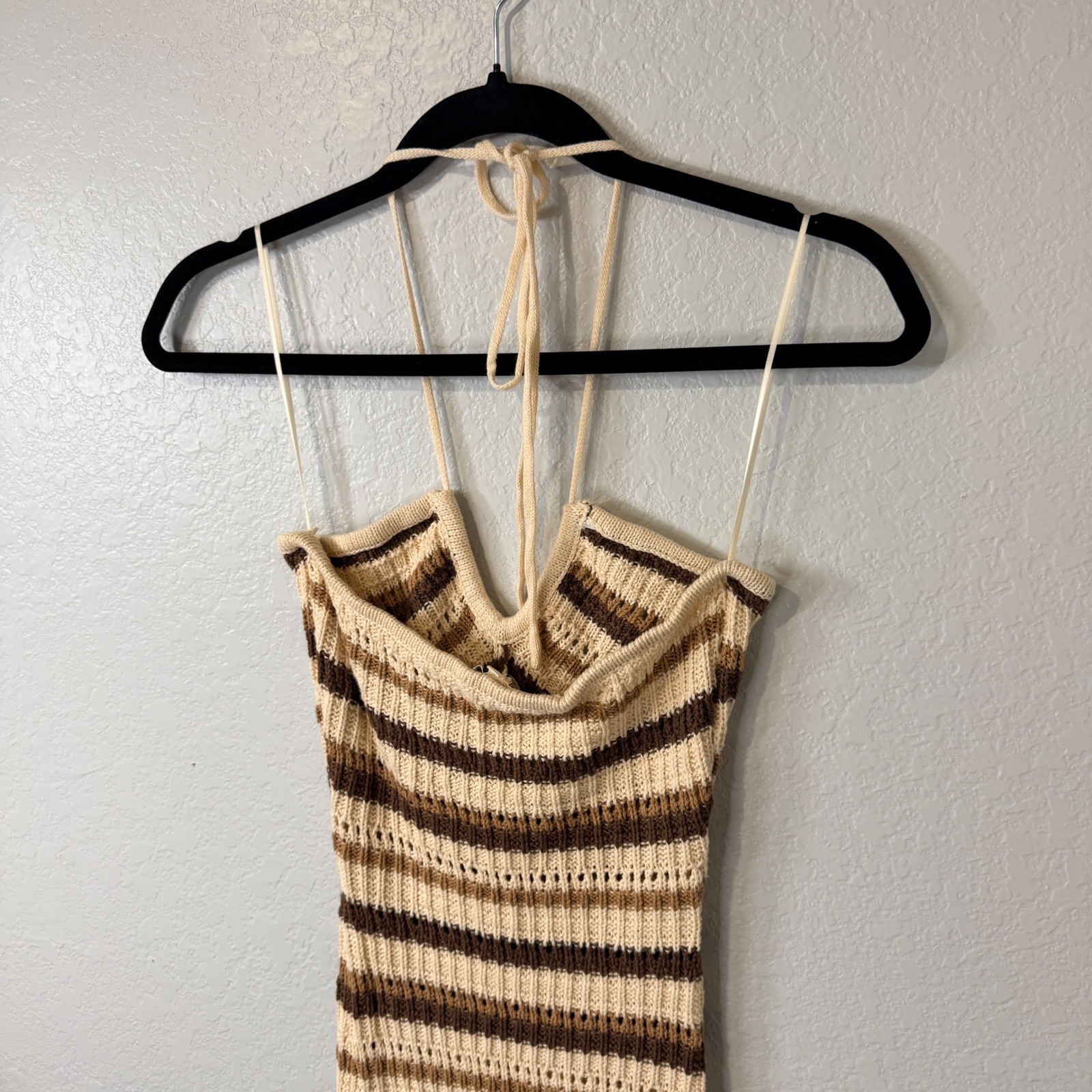 Et Clet Striped Crochet Knit Halter Neck Midi Dress Brown Beige Beach Coastal S