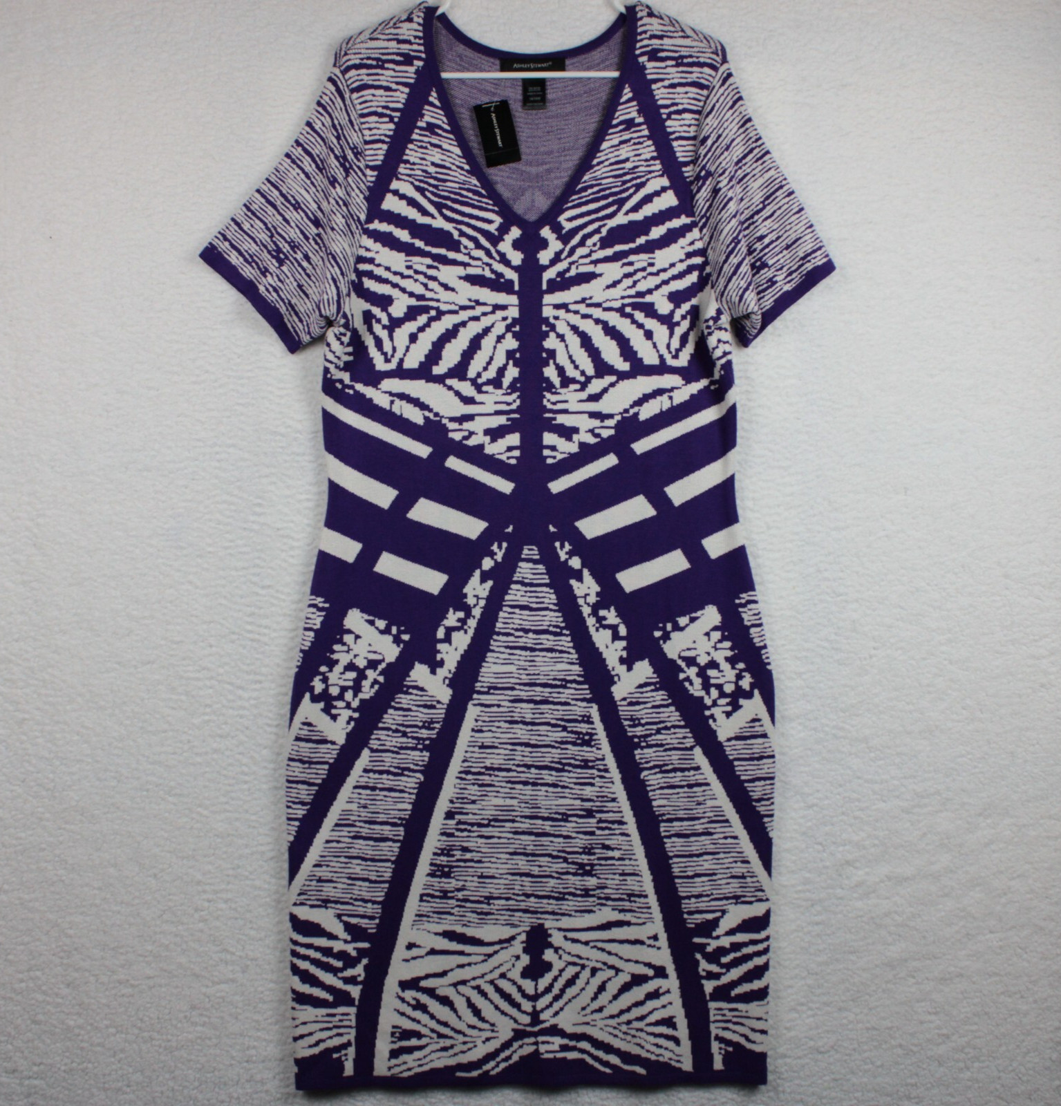 NEW $69 Ashley Stewart V-Neck Sheath Dress Plus Size 14/16W Purple & White