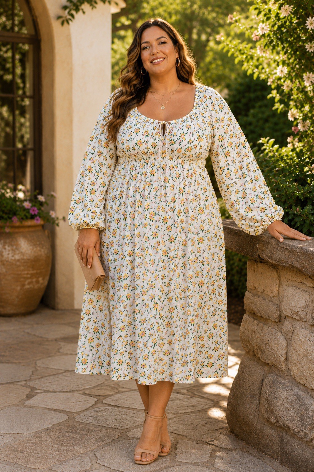Dip Floral Boho Peasant Dress 1X Cream Yellow Floral Milkmaid Midi HH43