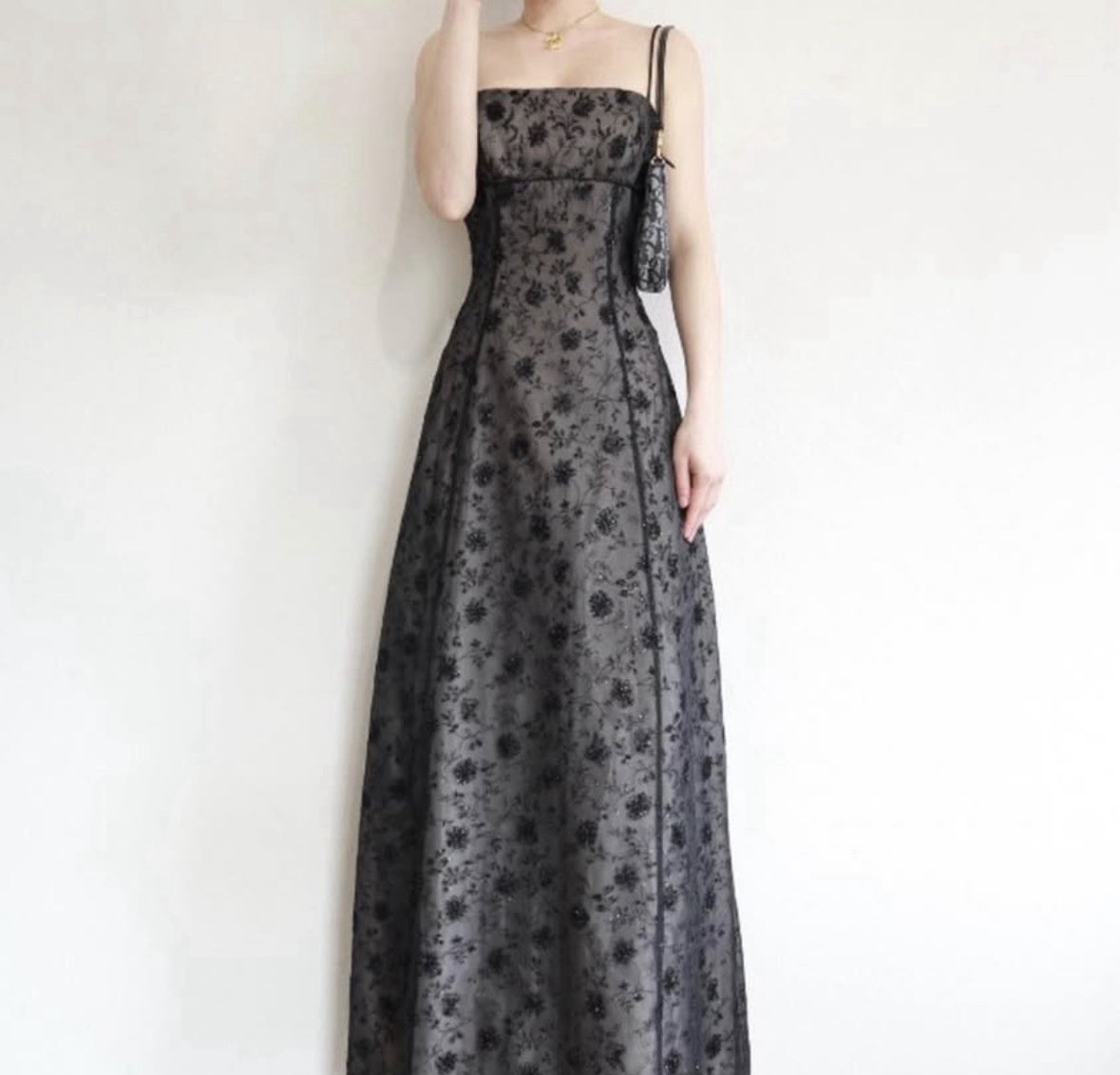Black Floral Mesh Beaded Lined Maxi Dress Straight Neck Lace-Up Back
