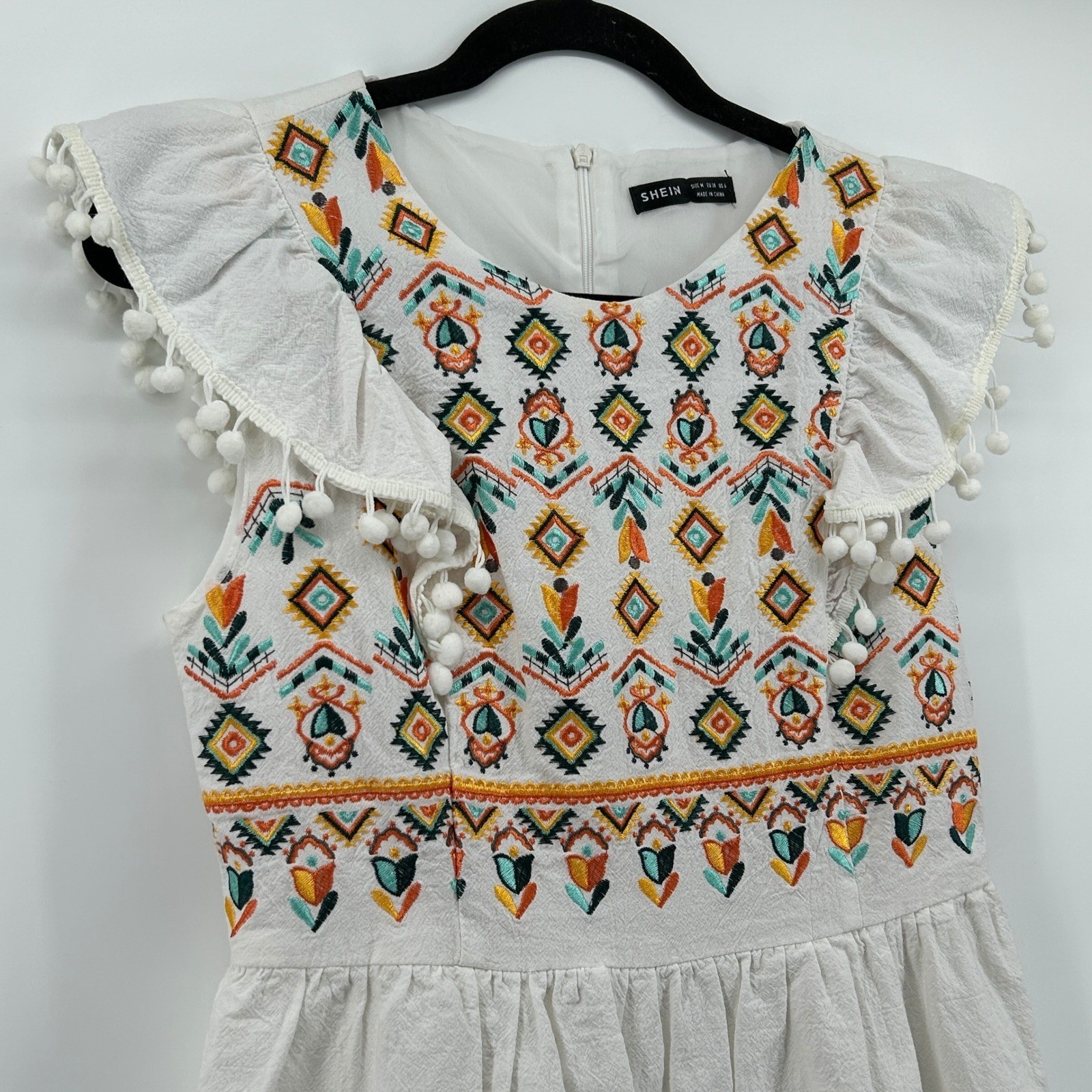 SHEIN White Colorful Embroidered Pom Pom Ruffle Mini Dress Cotton Med Boho Aztec