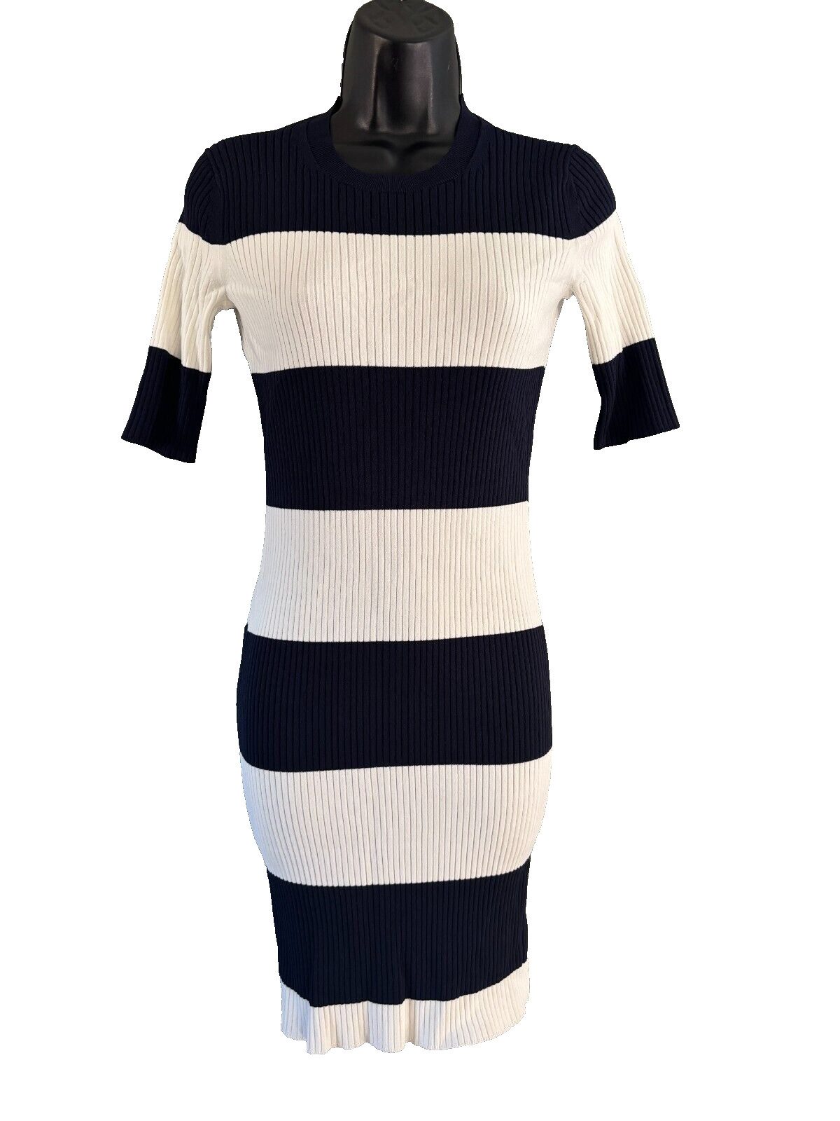 Tory Sport Ribbed Bodycon Dress Womens Size XS Blue White Striped Short Sleeve