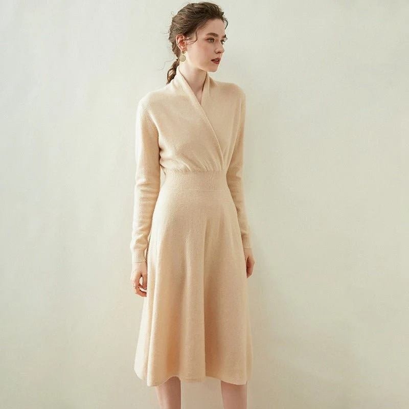 Cashmere Wool Blend Knit Midi Dress Cream Tan Surplice V-Neck Fit & Flare Boho