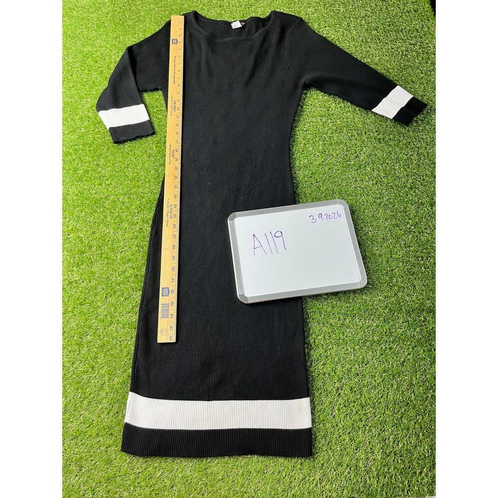 Venus womens XL Black Ribbed Knit Midi Dress Stripes Bodycon 3/4 sleeve