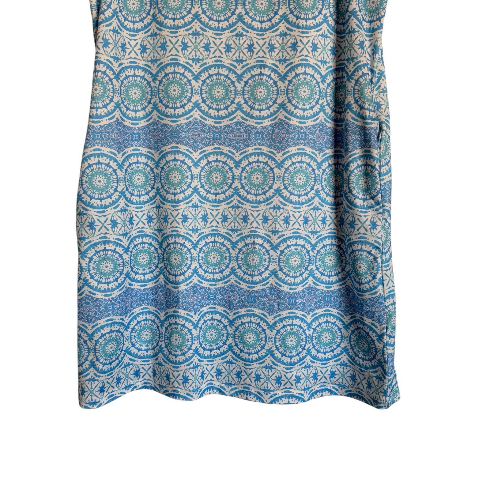 Caribbean Joe Blue Medallion Print Lattice Neck Sleeveless Shift Dress Pockets M
