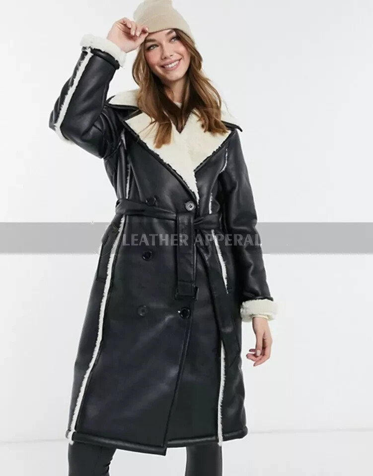 Womens Shearling Trench Leather coat| Genuine Lambskin Leather & Faux Fur Coat M
