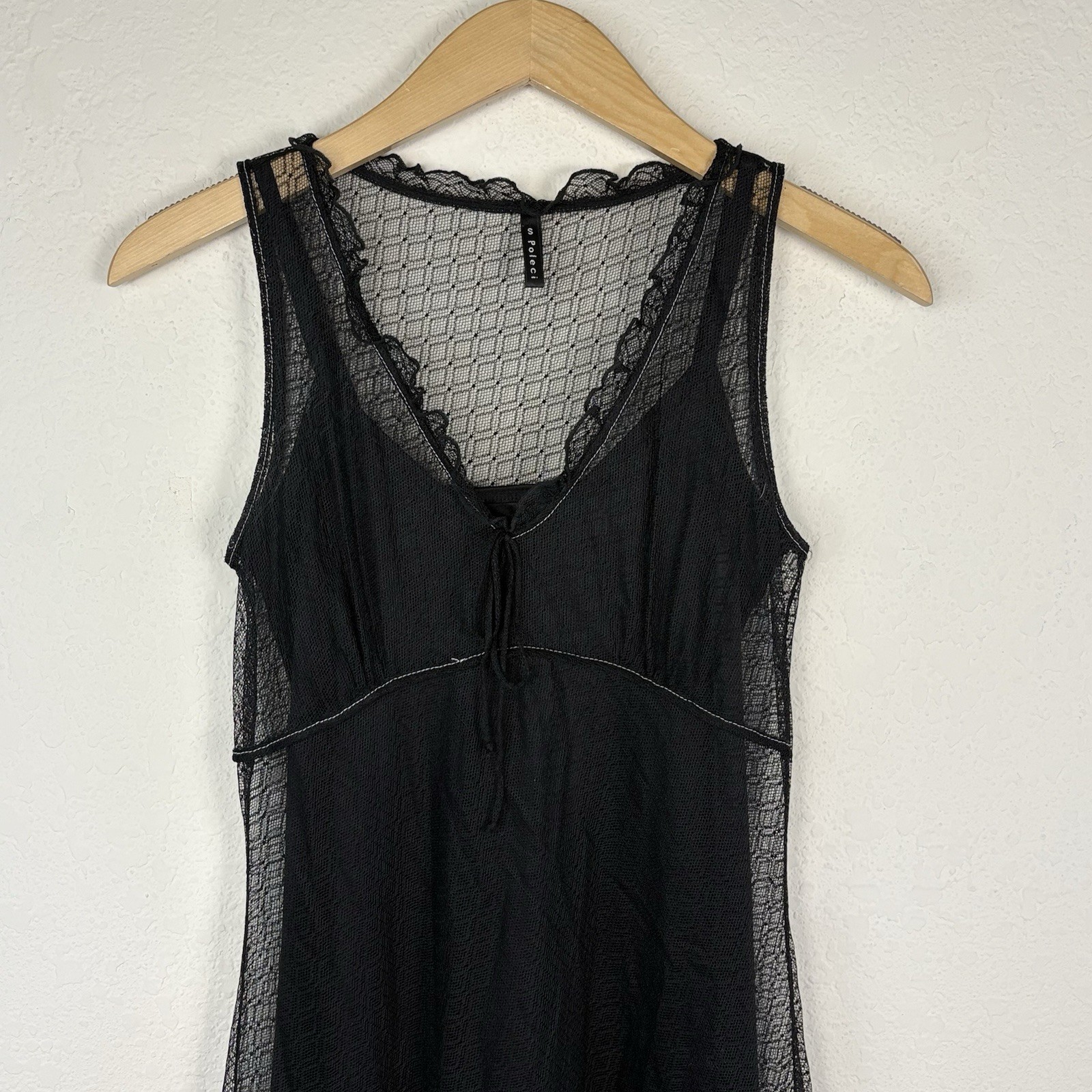 Vtg Y2K Poleci S Babydoll Slip Dress Midi Black Sheer Whimsigoth Witchy Prairie