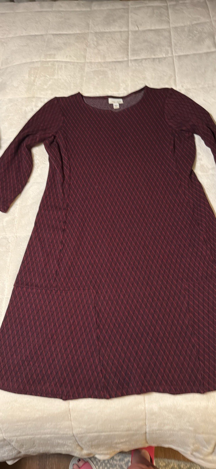 J. Jill Ponte Houndstooth Round Neck 3/4 Sleeve Dress XS Petite Burgundy