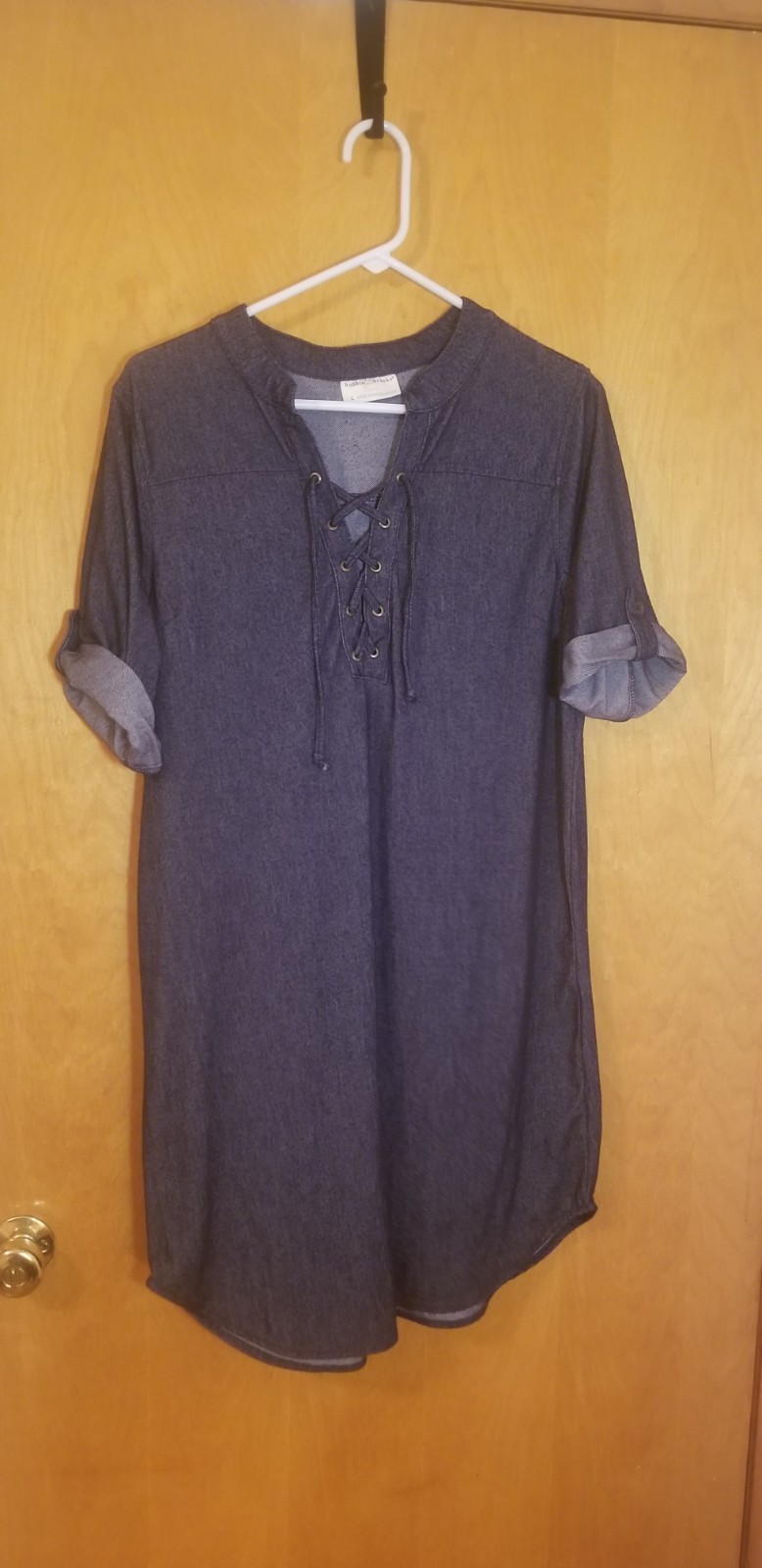 Bobbie Brooks Dark Blue Chambray Shirt Dress with Lace-Up Detail Womens Large