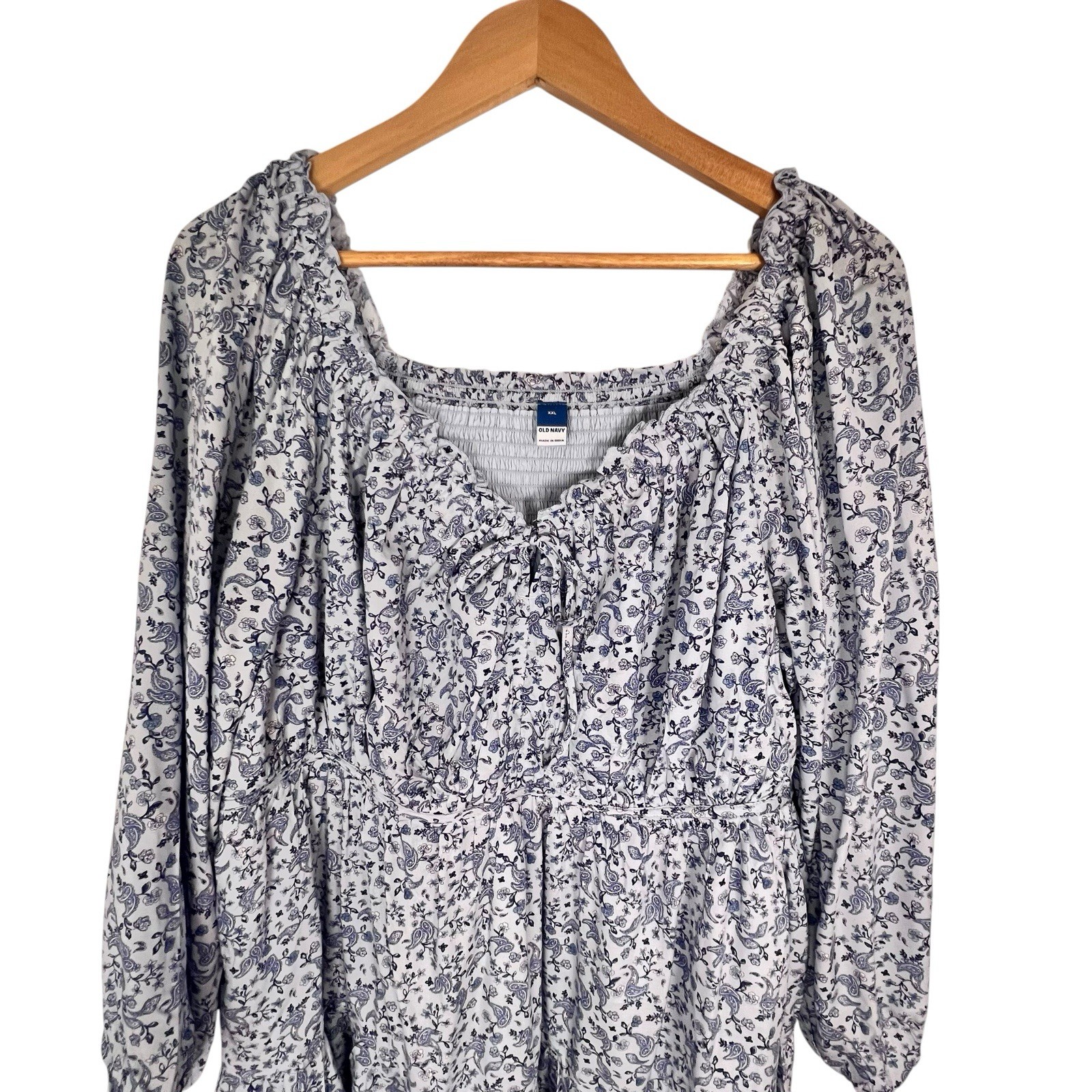 Boho Cottagecore Floral Peasant Dress XXL Smocked Babydoll Blue White