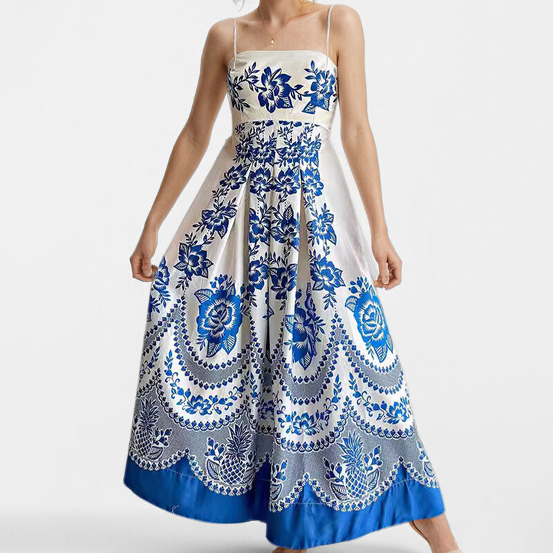 Spring Women’s New Style Elegant High Waist Printed Strap Casual Fashion Dress