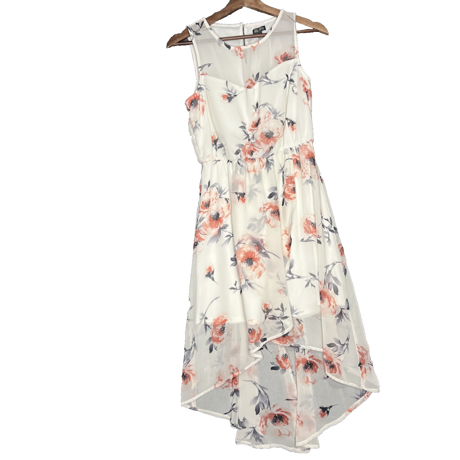 Fairy Mermaid White Floral Sleeveless Chiffon Blouson High-low Dress Size S