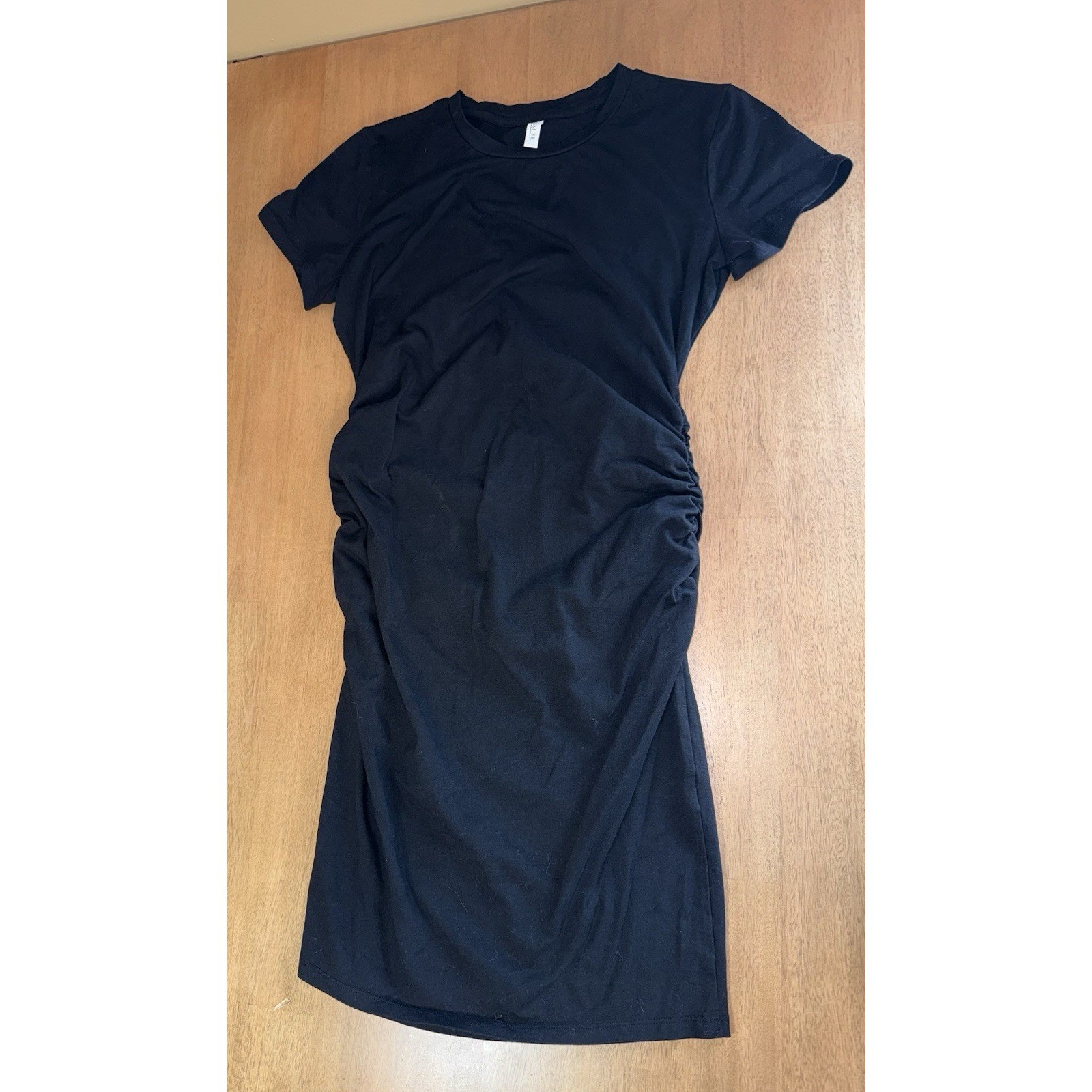 Missufe Womens Short Sleeve Ruched Casual Black Midi T Shirt Dress Size Large