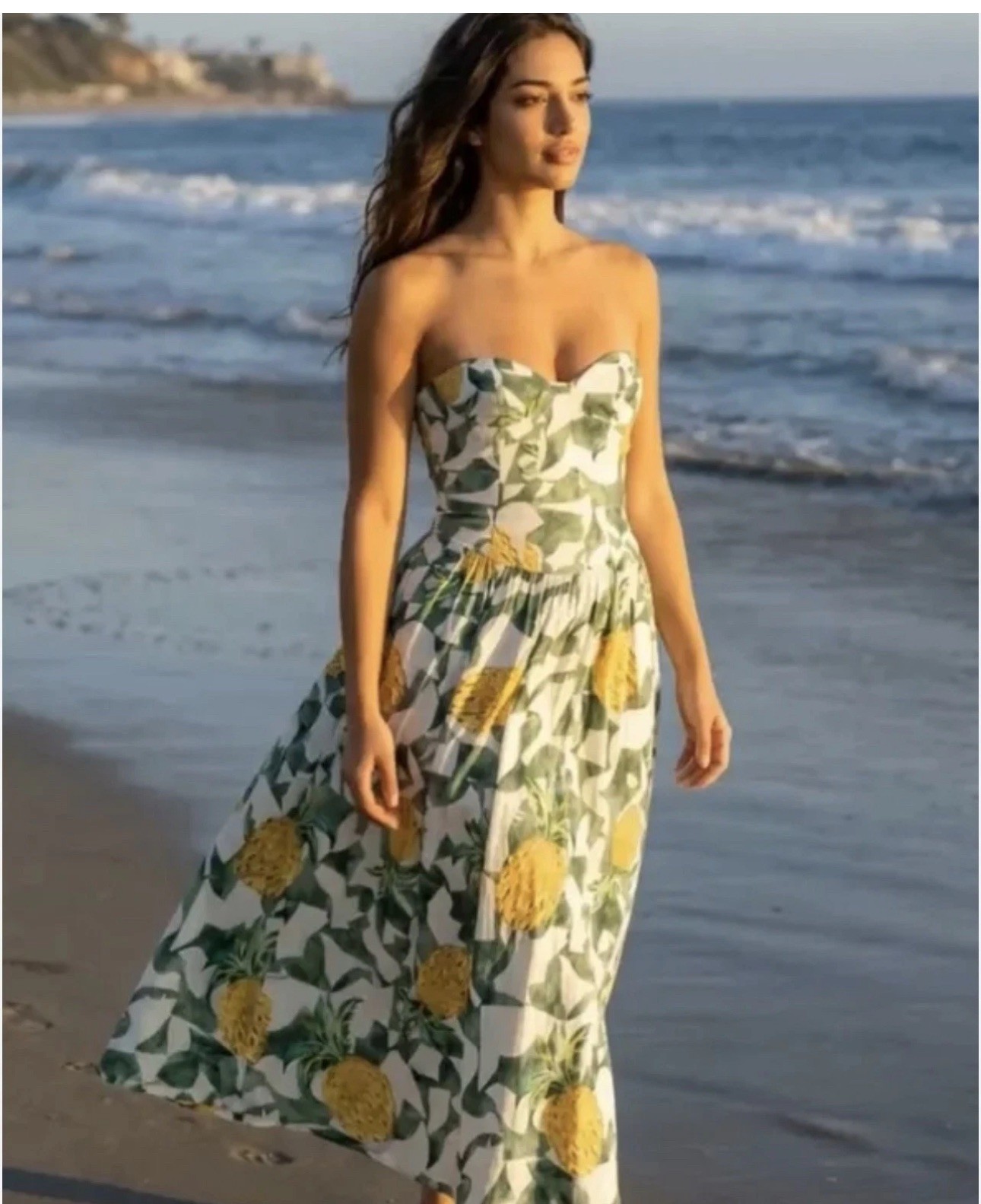 Zara 2026 Pineapple Fruit Print Corsetry Strapless Midi Dress Size M 3152/391