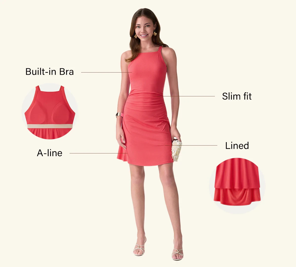 OGL CoolTouch Square Neck Ruched Mini Bra Dress
