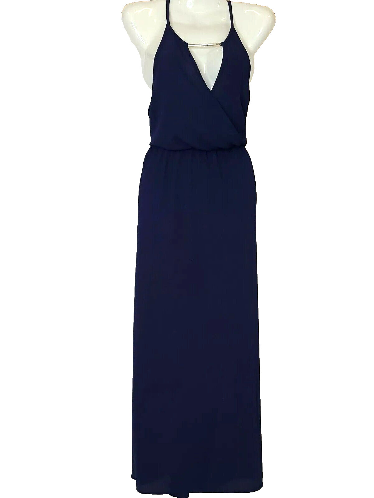 NWT Minette Sz SM Chiffon Navy Blue Blouson Midi Dress Flowy Deep V Made in USA