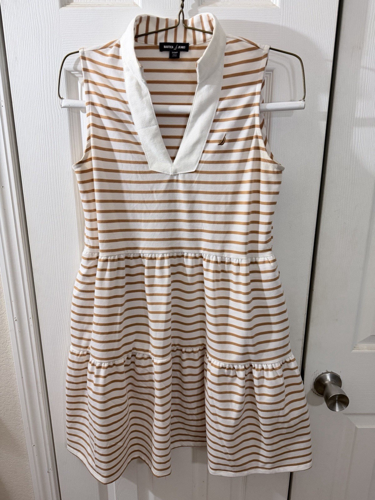 Nautica Knit Dress Women’s Small Tiered Almond Ivory Stripe Pockets