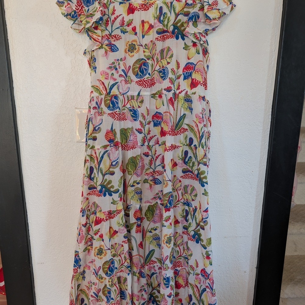 J.McLaughlin Fram Maxi Dress Neon Floral Flutter Sleeve Boho Resort Florida