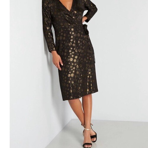 New Modcloth Golden Record Party Wrap Dress Womens Size small belted black gold