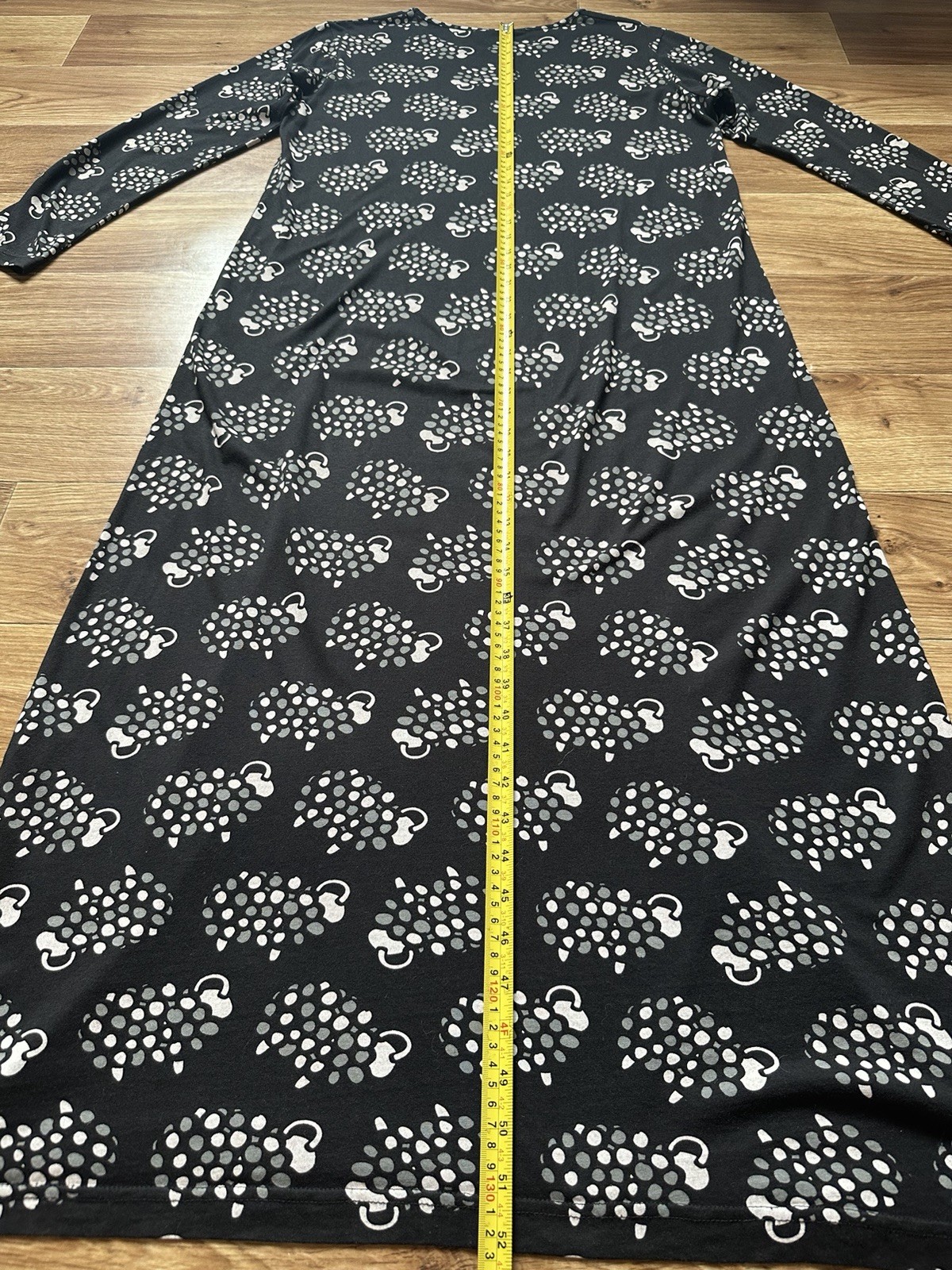 Aarikka Finland Black Sheep Print Long Sleeve Maxi Dress Cotton Modal M Excellen