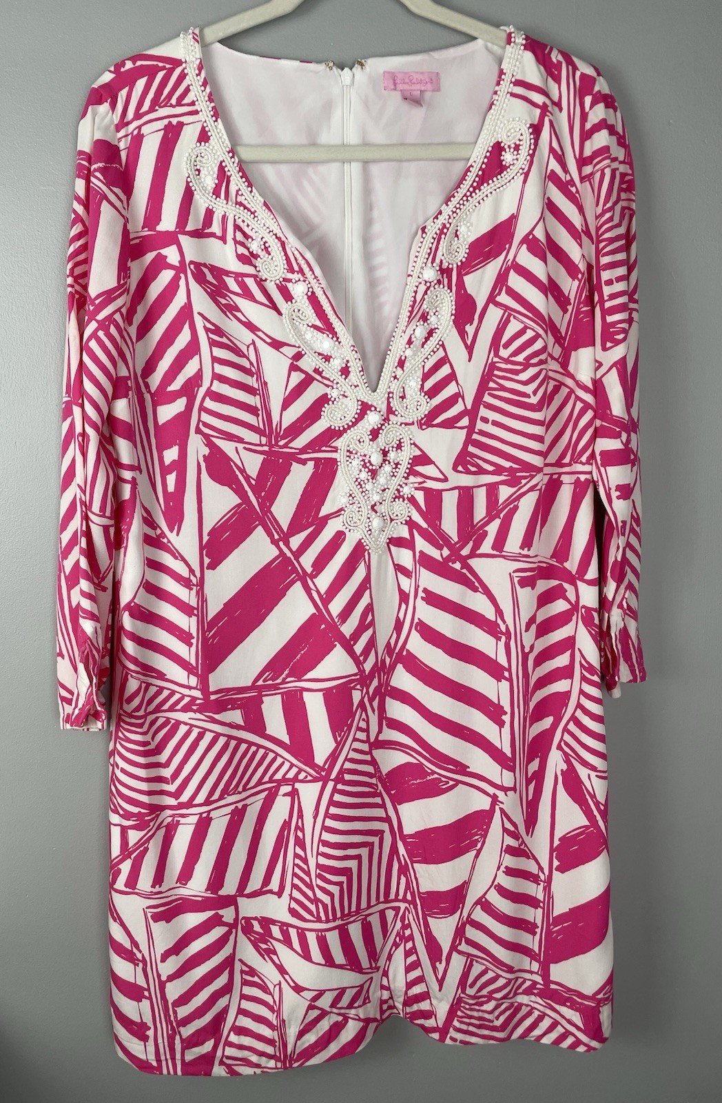 Lily Pulitzer Dress A Line Beaded V Neck Pink White L Large Coastal