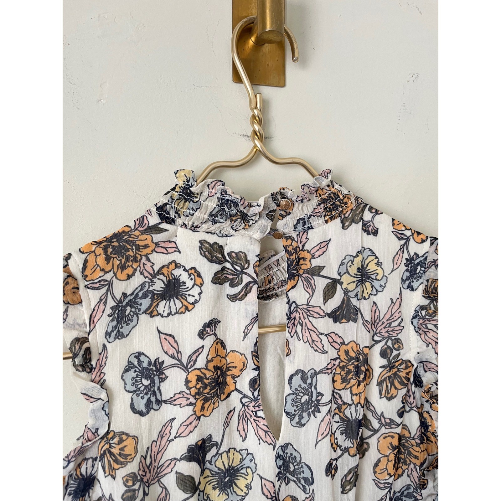 Eyeshadow Floral Cold Shoulder Mini Dress White Orange Blue Mock Neck Large