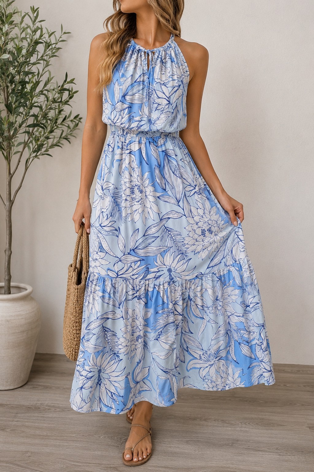 Halston Linen Blend Floral Maxi Dress Blue White Sleeveless Smocked Waist Size S