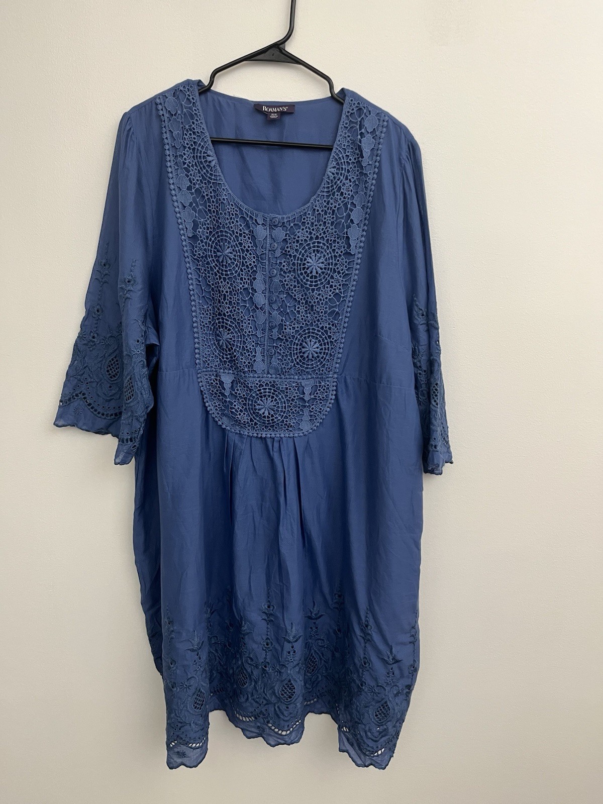 Roaman’s Blue Size 26W Embroidered Lace Tunic Dress Boho Eyelet Crochet Plus