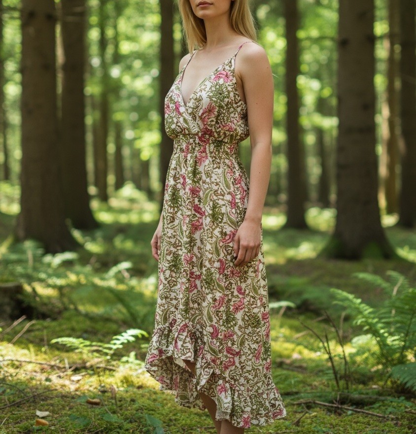 Shore Drive Womens Size Large Boho Floral Hi Low Green Pink Maxi Dress Festival