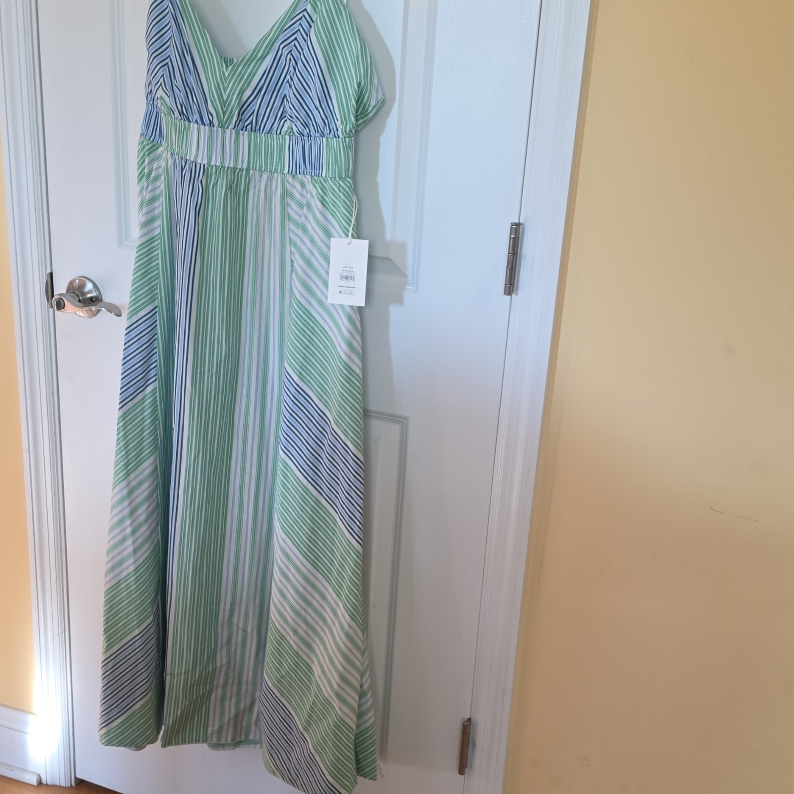 Free Assembly Striped V-Neck Maxi Dress L (12-14) Green Blue White