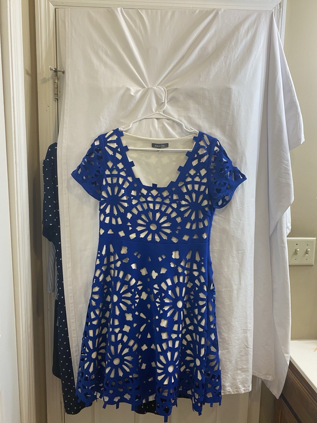 Gracia Blue Cut Out Fit & Flare Square Neck Short Sleeve Short Dress M
