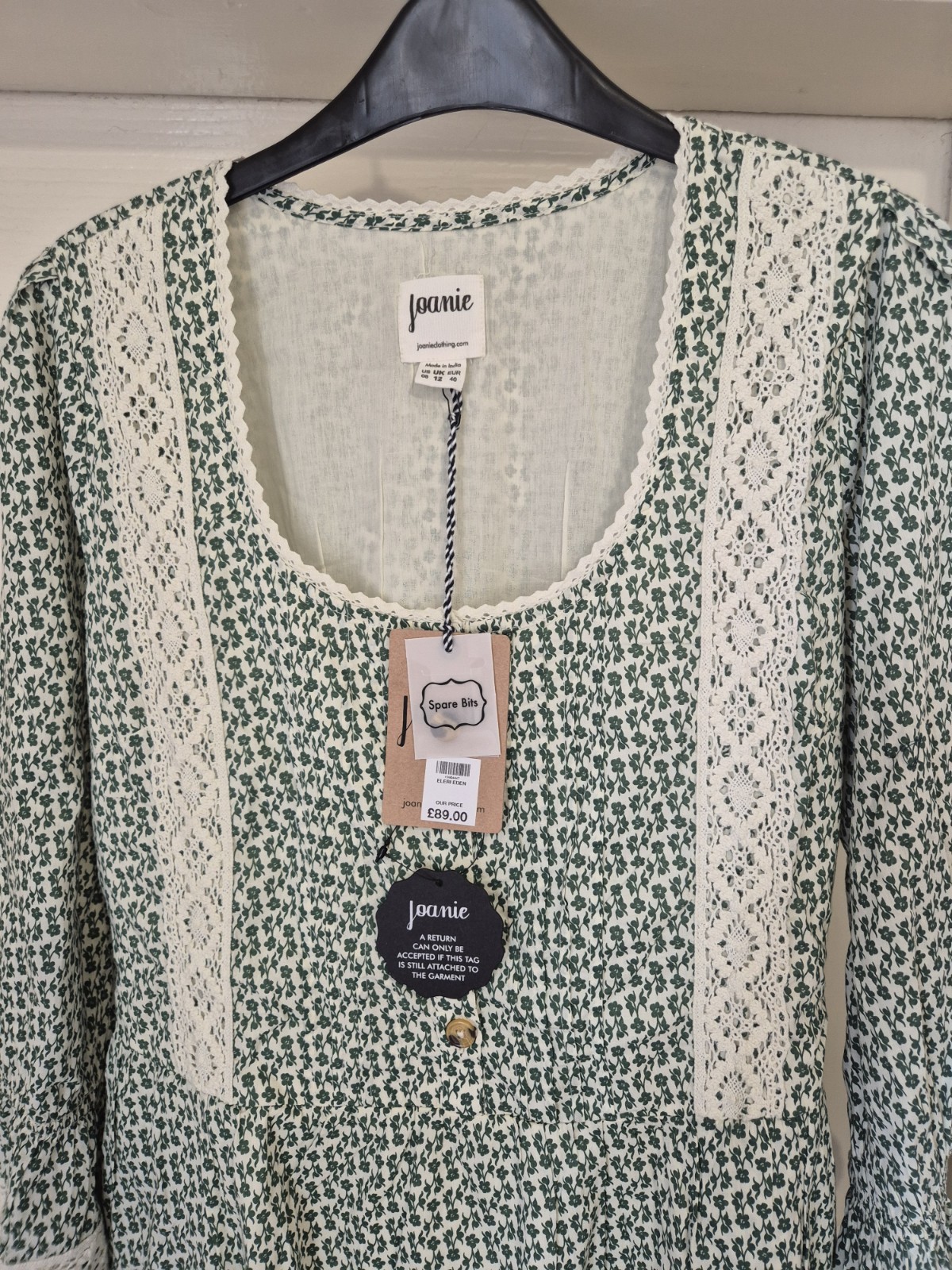 JOANIE Cottagecore Prairie Size 12 Green Floral Maxi Dress- Lace Trim-New Tagged