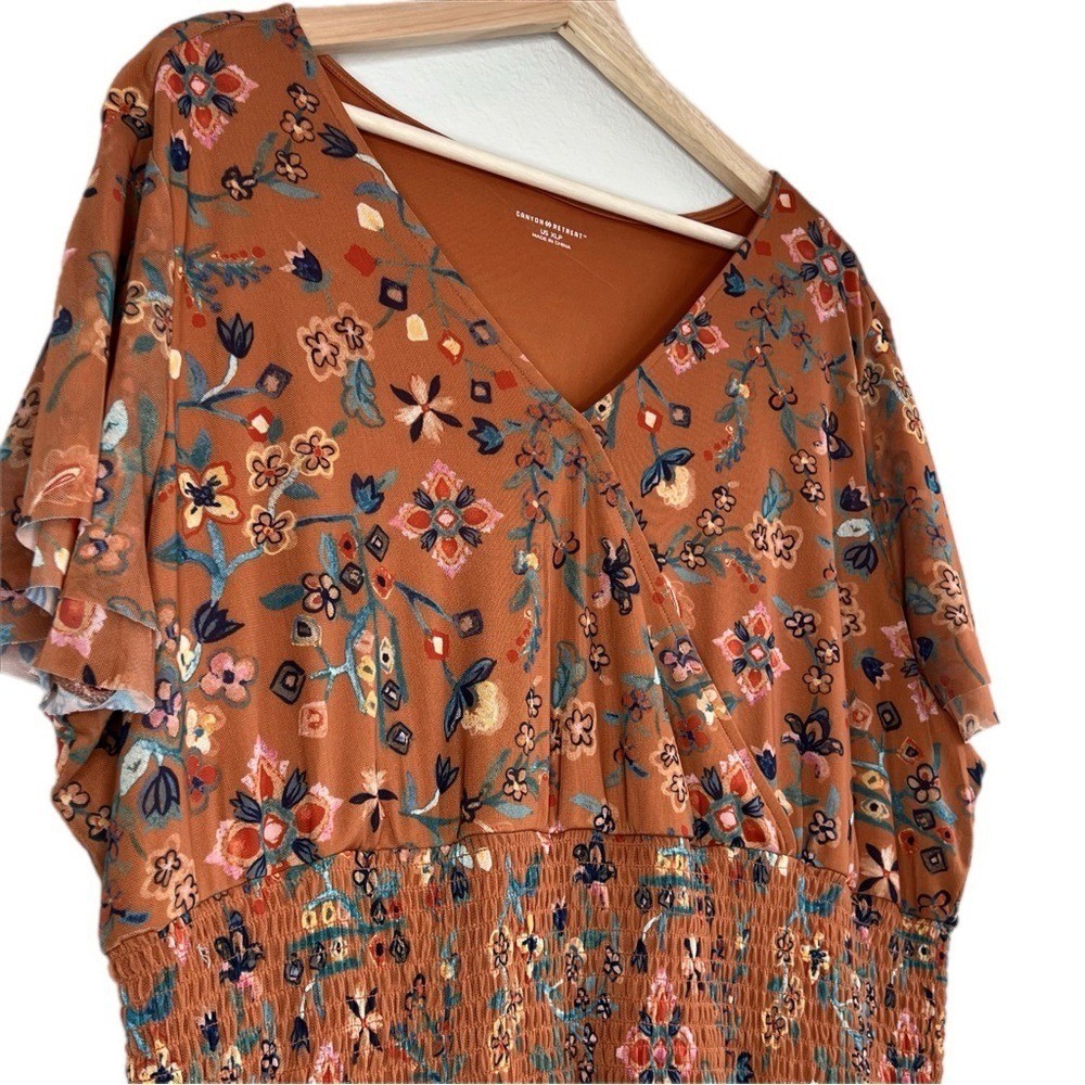 Canyon Retreat Mesh Cottagecore Modest Flutter Sleeve Dress Copper XL Floral