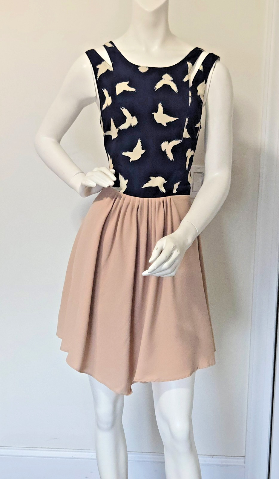 Swallow Bird Print Cutout Cold Shoulder Dress S Navy Beige Indie Flare Mini