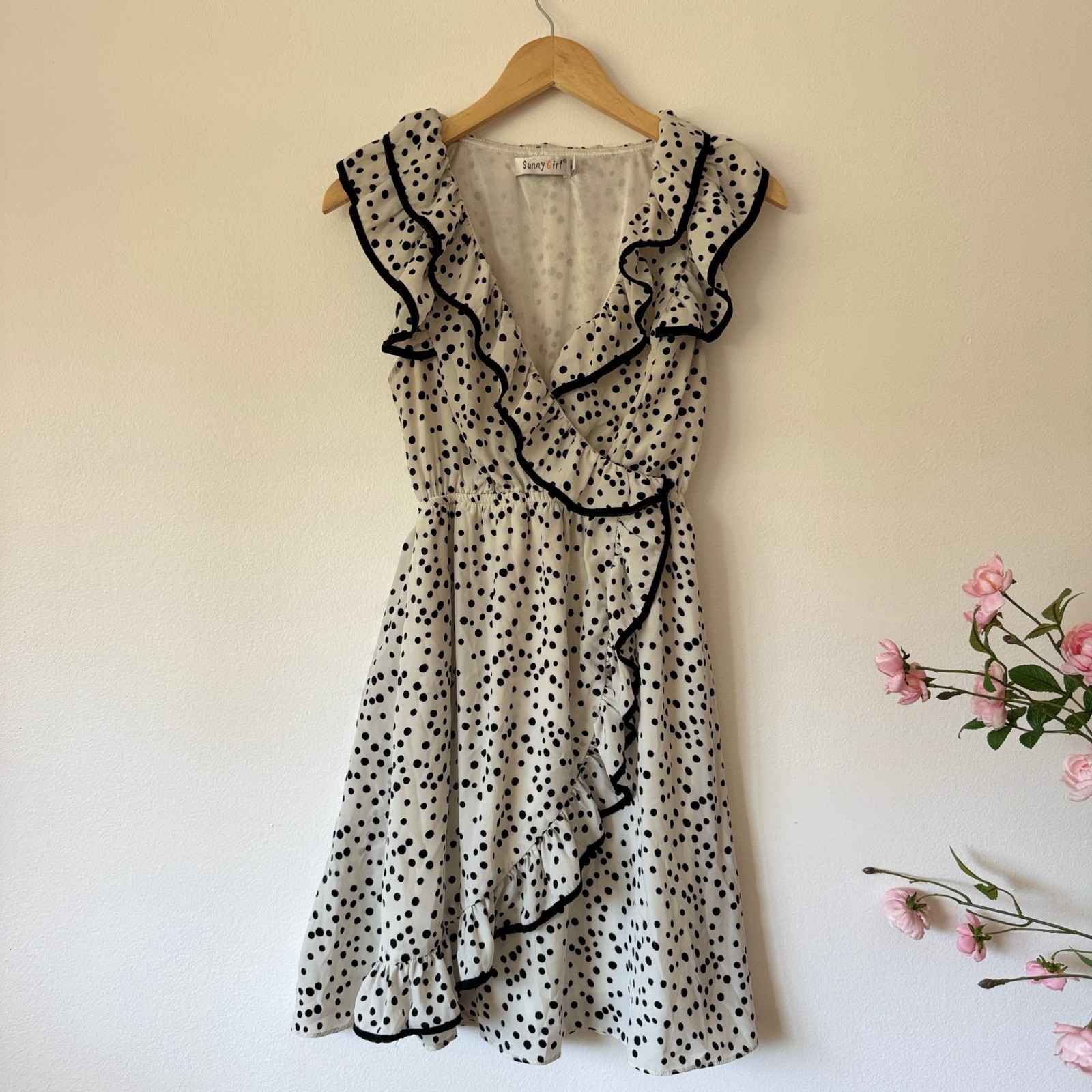 Sunny Girl Polka Dot Ruffle Trim Midi Dress Black White Size 10 Pin-up Retro