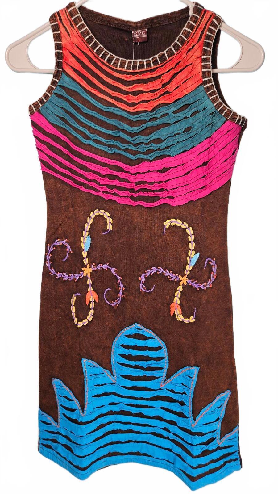 K.PC. Women’s Handmade in Nepal Brown Bohemian Embroidered Dress Size Small