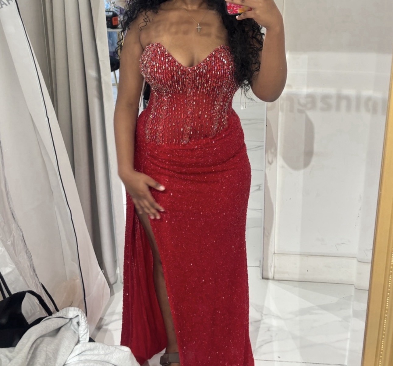 Portia & Scarlett PS24850C Red Strapless Beaded Sequin Long Gown 14 Slit