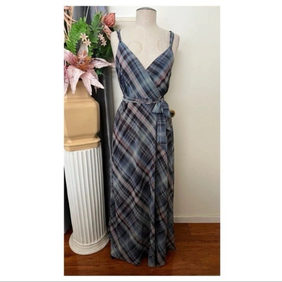 F1– NWT multicolor PRESLEY SKYE spag strap plaid long maxi dress XS $149