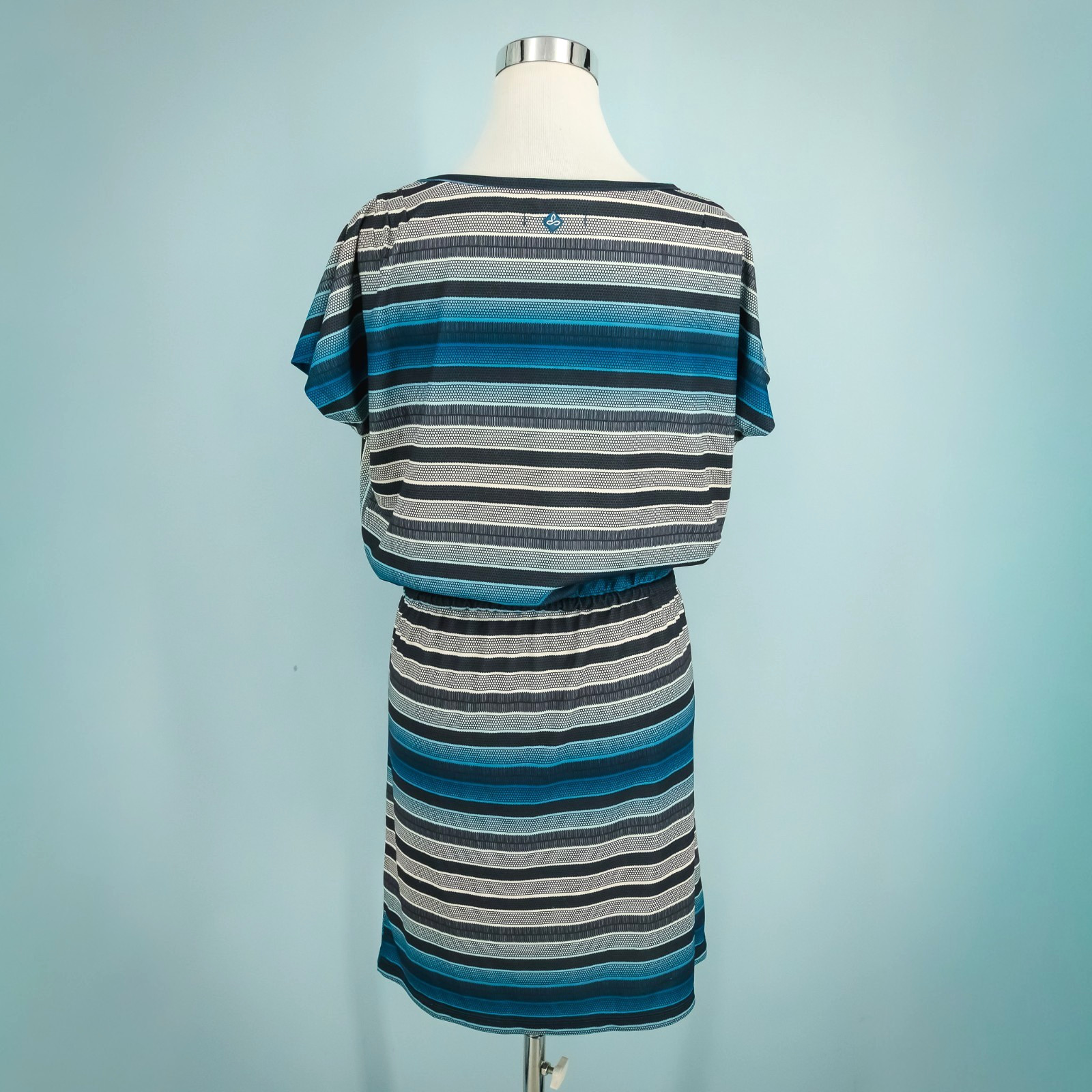 Prana Size Small S Blue Lindy Stripe Crew Neck Short Sleeve Tie Waist Knit Dress