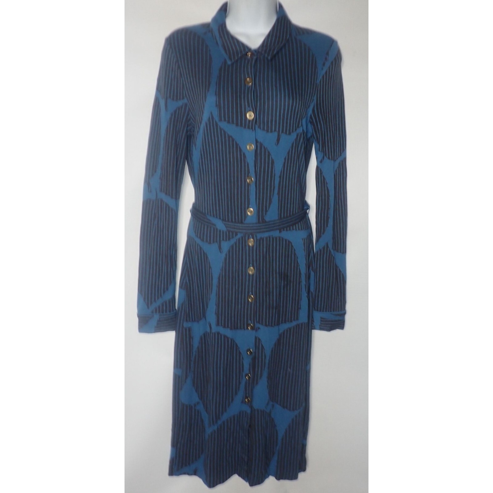 Boden Blue & Black Button-Down Long-Sleeve Dress UK 8 US 4 Belted Career Classic