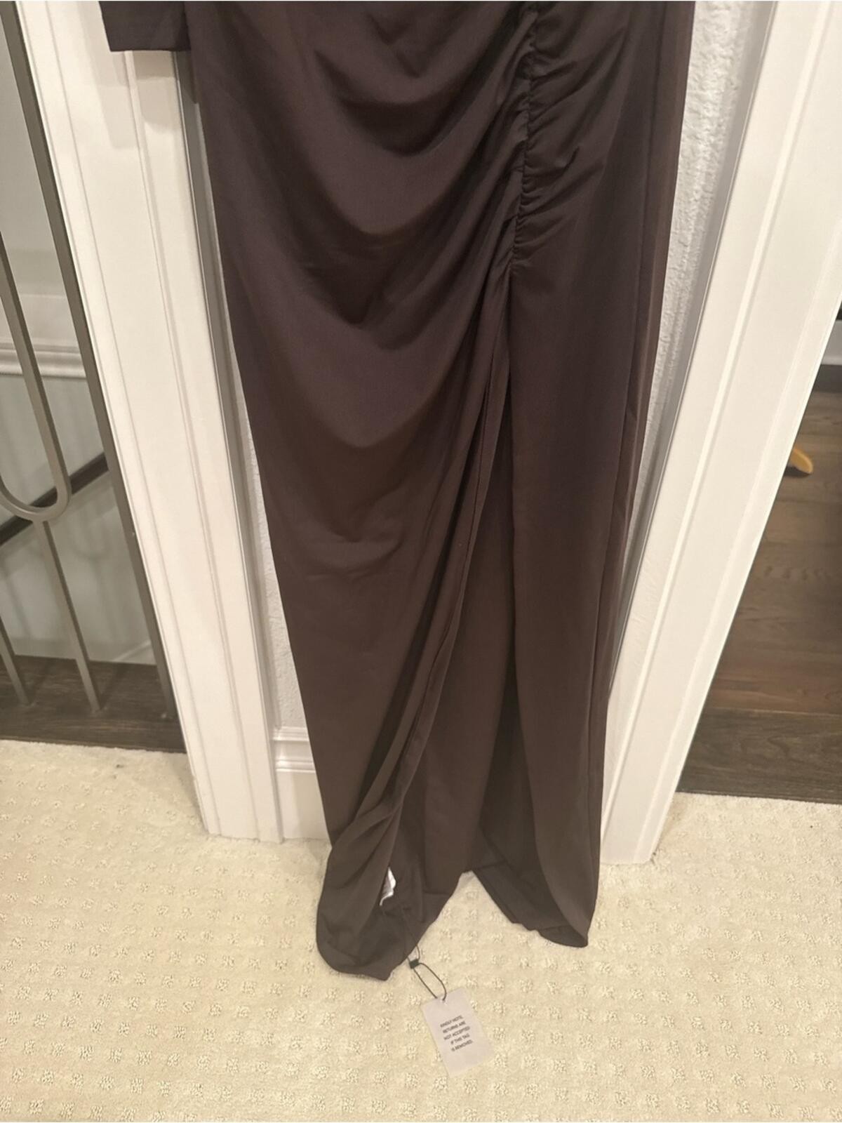 NWT superdown One Shoulder Ruched Maxi Dress Chocolate Brown Slit Gown S
